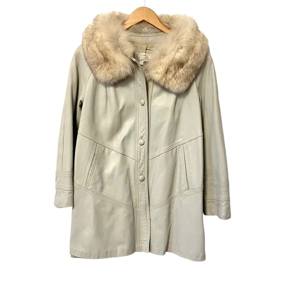 Vintage Fur Trimmed Coat Gray Leather Silver Fox Jacket Mob Wife Womens S / M - Picture 1 of 13